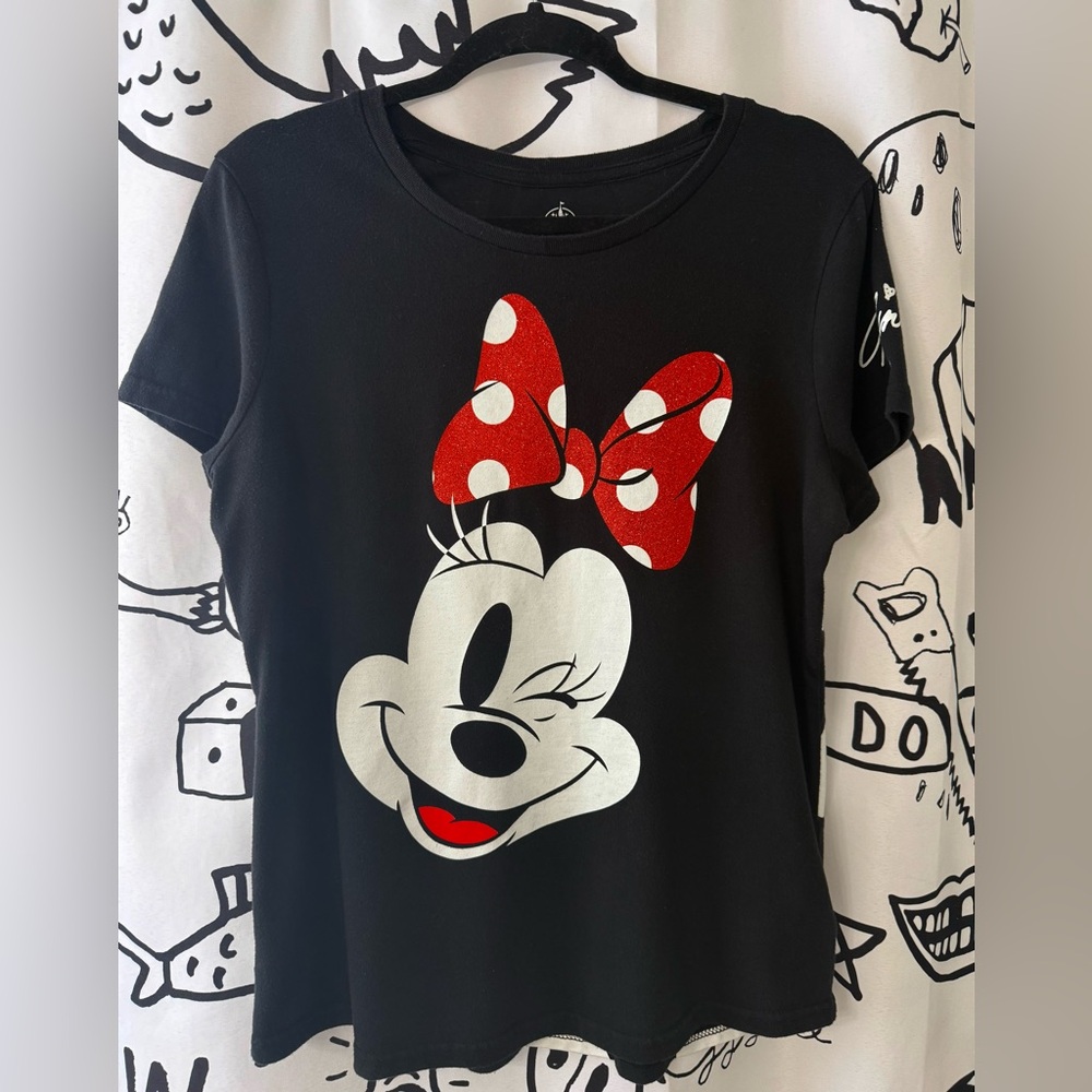 Disney Black Tee with Red and White Minnie Mouse Design polkadot full back
